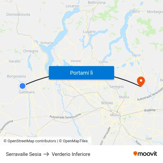 Serravalle Sesia to Verderio Inferiore map