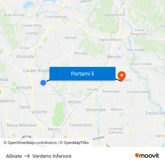 Albiate to Verderio Inferiore map