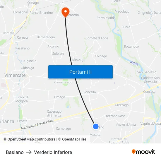Basiano to Verderio Inferiore map