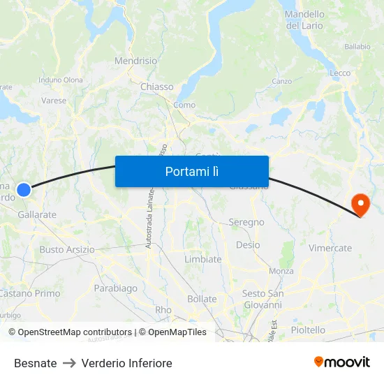 Besnate to Verderio Inferiore map