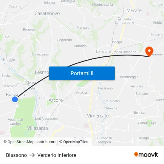 Biassono to Verderio Inferiore map