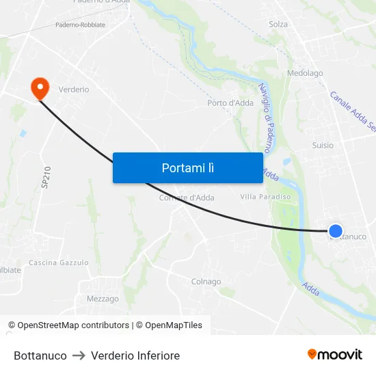 Bottanuco to Verderio Inferiore map