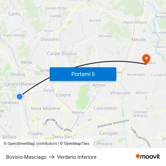 Bovisio-Masciago to Verderio Inferiore map
