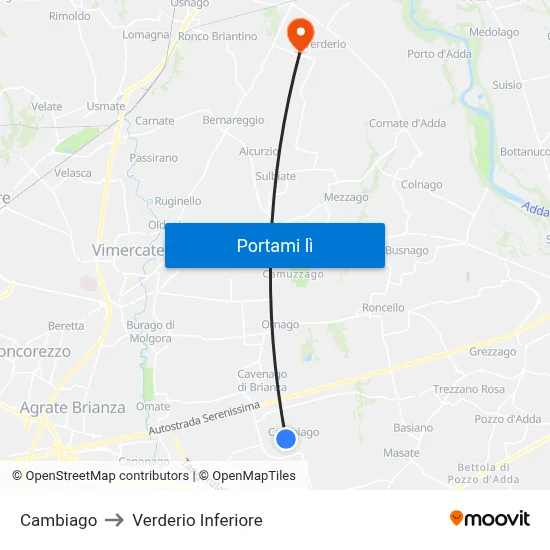 Cambiago to Verderio Inferiore map