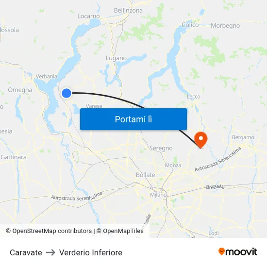 Caravate to Verderio Inferiore map