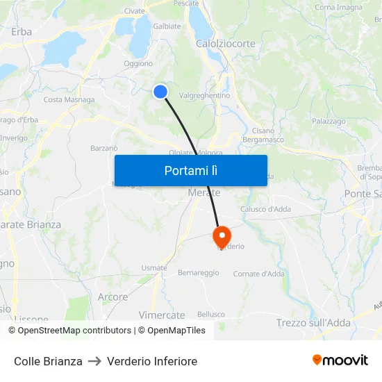 Colle Brianza to Verderio Inferiore map