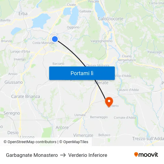 Garbagnate Monastero to Verderio Inferiore map