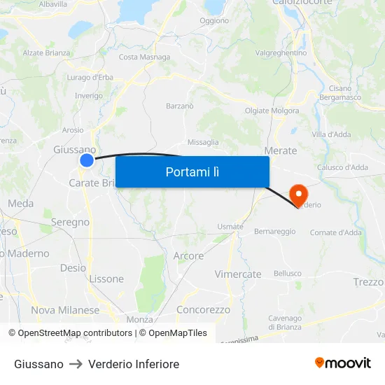 Giussano to Verderio Inferiore map
