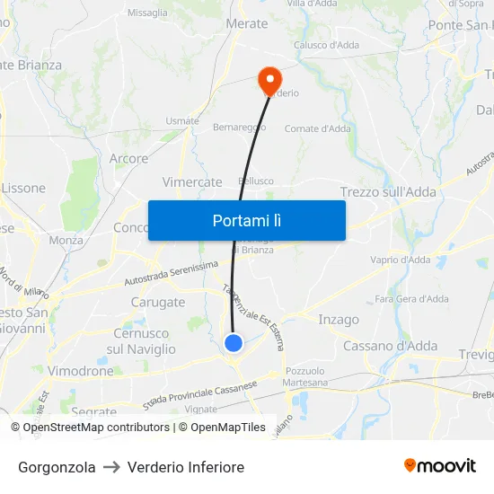 Gorgonzola to Verderio Inferiore map