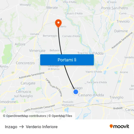 Inzago to Verderio Inferiore map