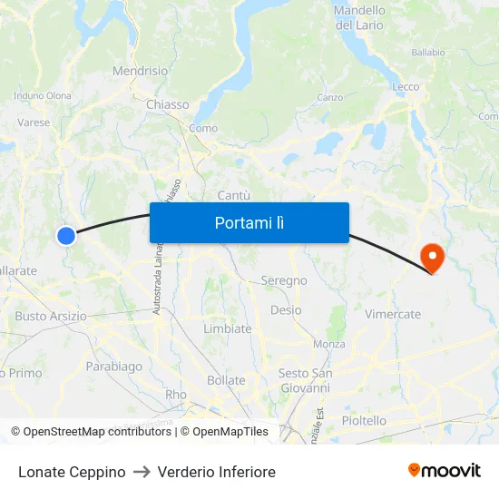 Lonate Ceppino to Verderio Inferiore map