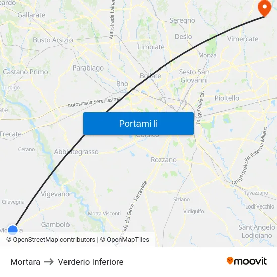 Mortara to Verderio Inferiore map