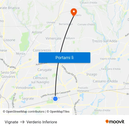 Vignate to Verderio Inferiore map