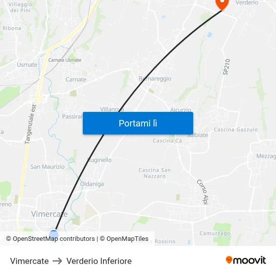 Vimercate to Verderio Inferiore map