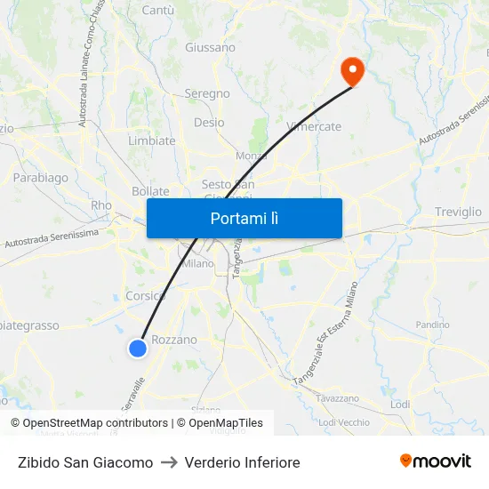 Zibido San Giacomo to Verderio Inferiore map