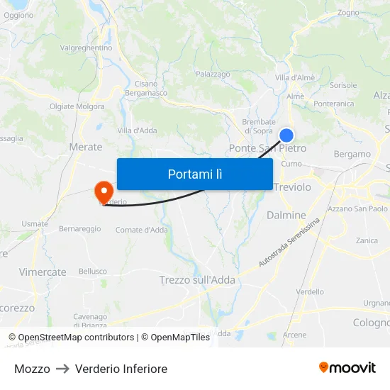 Mozzo to Verderio Inferiore map