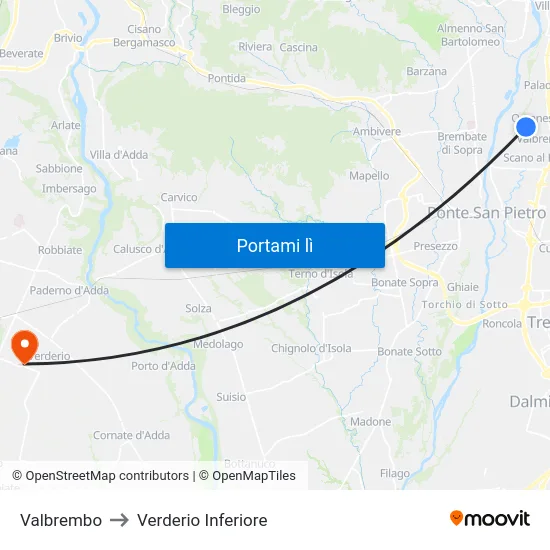 Valbrembo to Verderio Inferiore map
