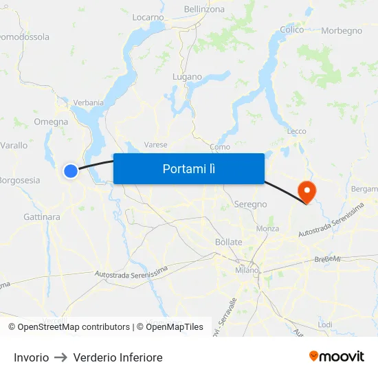 Invorio to Verderio Inferiore map