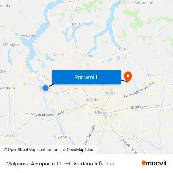Malpensa Aeroporto T1 to Verderio Inferiore map