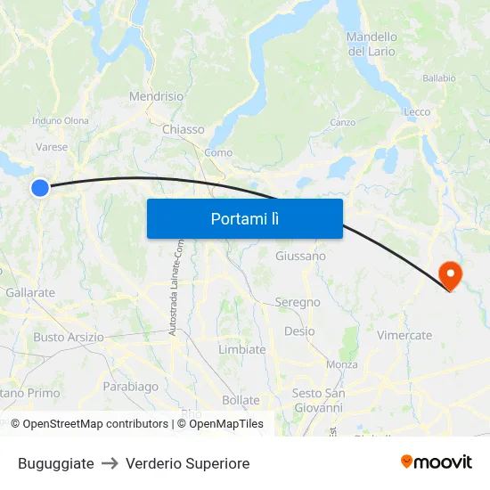 Buguggiate to Verderio Superiore map