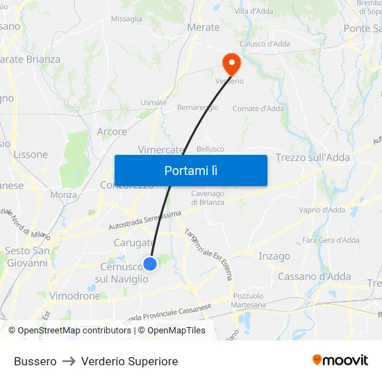 Bussero to Verderio Superiore map