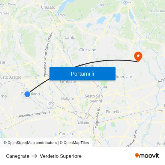 Canegrate to Verderio Superiore map