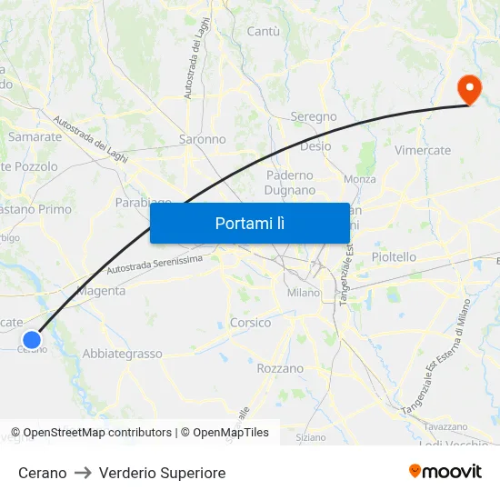 Cerano to Verderio Superiore map