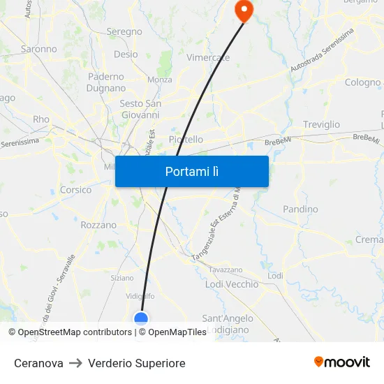 Ceranova to Verderio Superiore map