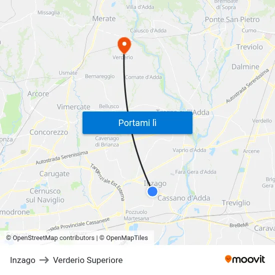 Inzago to Verderio Superiore map