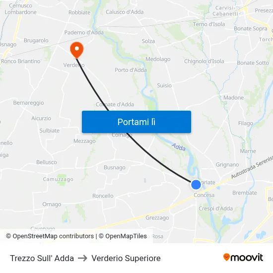 Trezzo Sull' Adda to Verderio Superiore map