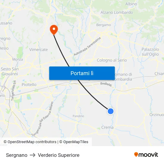 Sergnano to Verderio Superiore map