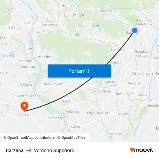 Barzana to Verderio Superiore map