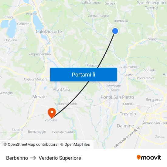 Berbenno to Verderio Superiore map