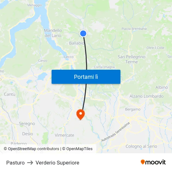Pasturo to Verderio Superiore map