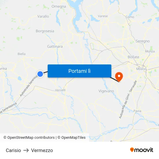 Carisio to Vermezzo map