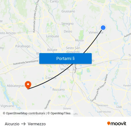 Aicurzio to Vermezzo map