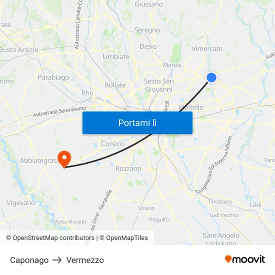 Caponago to Vermezzo map