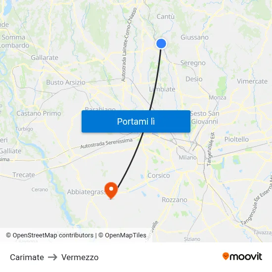 Carimate to Vermezzo map