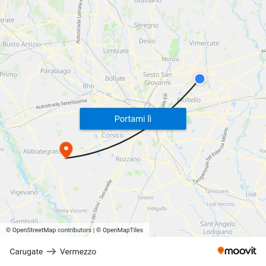 Carugate to Vermezzo map