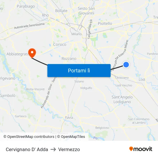 Cervignano D' Adda to Vermezzo map