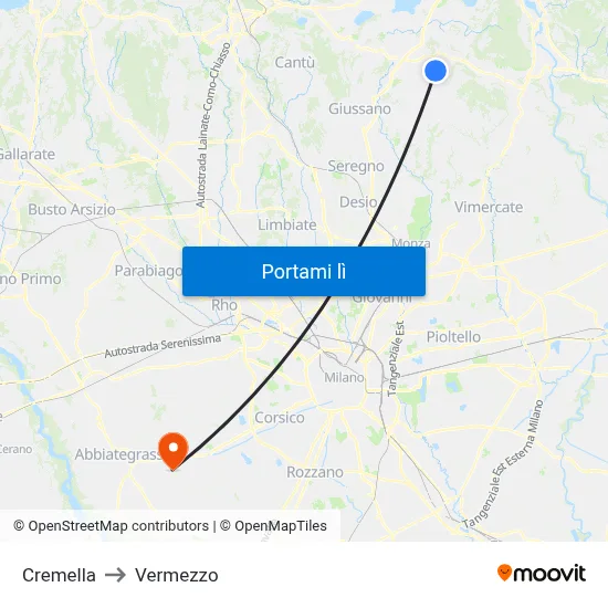 Cremella to Vermezzo map