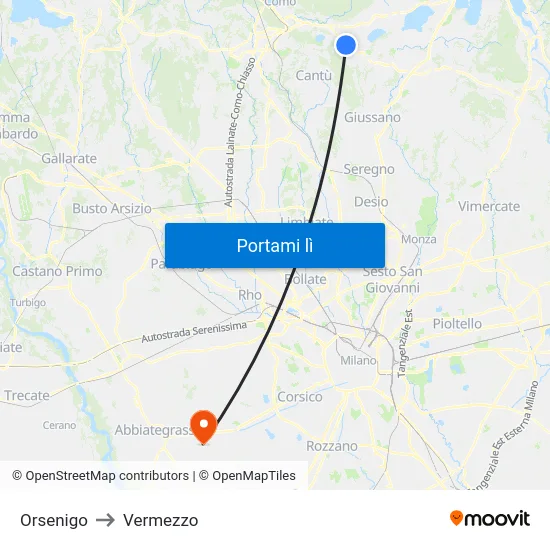 Orsenigo to Vermezzo map