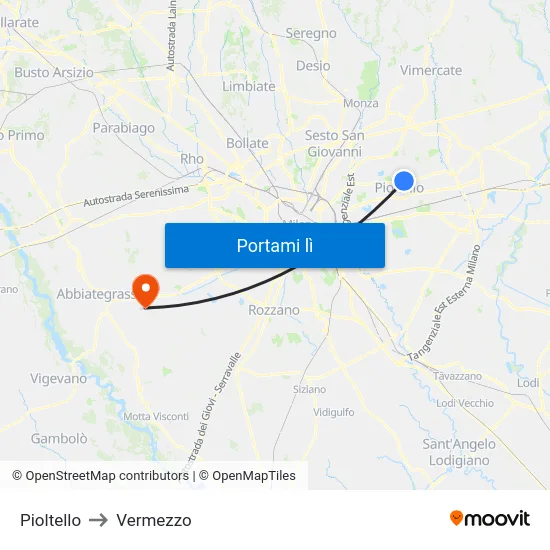 Pioltello to Vermezzo map