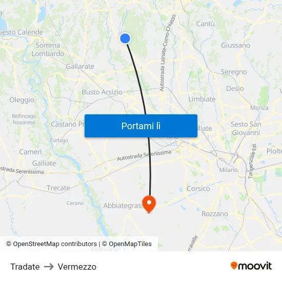 Tradate to Vermezzo map