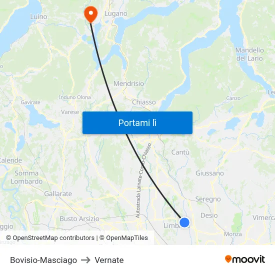 Bovisio-Masciago to Vernate map
