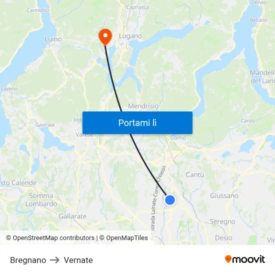 Bregnano to Vernate map