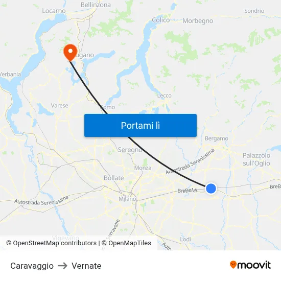 Caravaggio to Vernate map