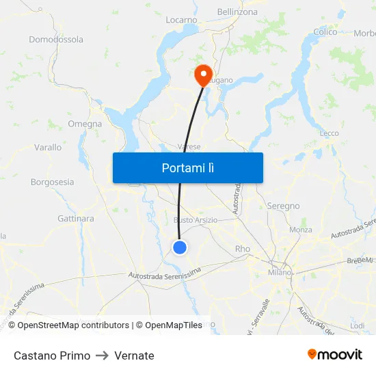 Castano Primo to Vernate map