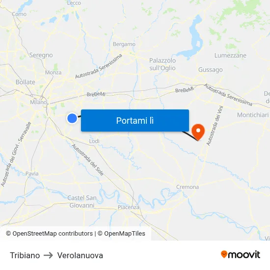 Tribiano to Verolanuova map