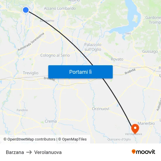 Barzana to Verolanuova map
